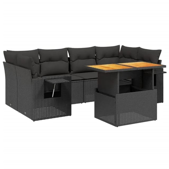 vidaXL 7-Tlg Garten-Sofagarnitur mit Kissen Schwarz Poly Rattan 3271650
