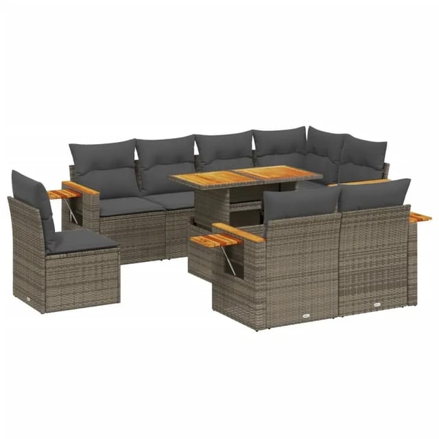 vidaXL 9-Tlg Garten-Sofagarnitur mit Kissen Grau Poly Rattan 3273615