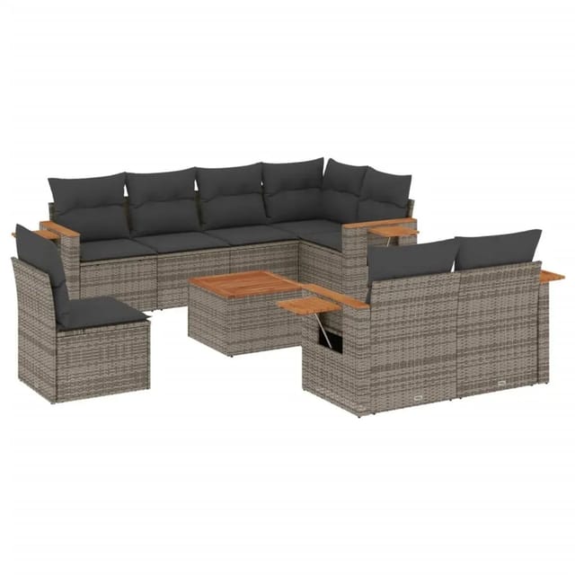 vidaXL 9-Tlg Garten-Sofagarnitur mit Kissen Grau Poly Rattan 3259414