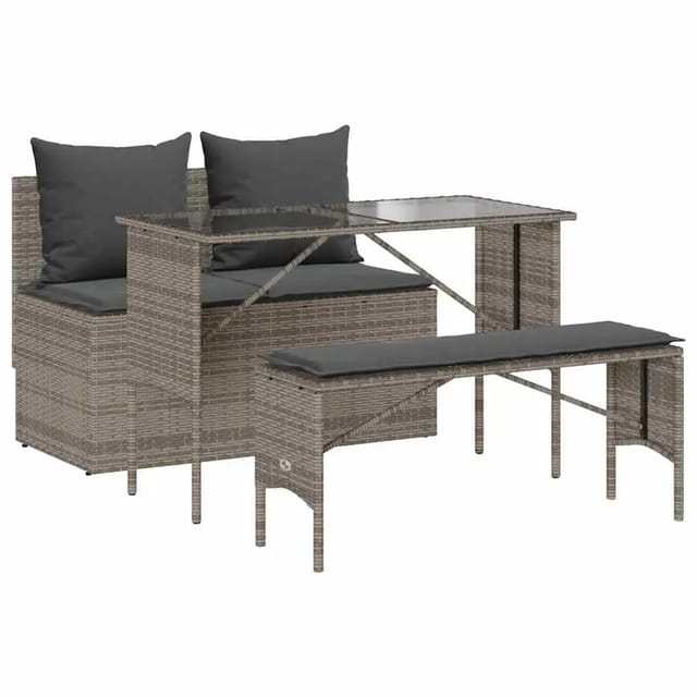 vidaXL 3-Tlg Garten-Essgruppe mit Kissen Grau Poly Rattan 4104183
