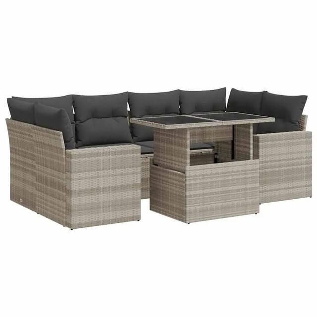 vidaXL 7-Tlg Garten-Sofagarnitur mit Kissen Hellgrau Poly Rattan 3326273
