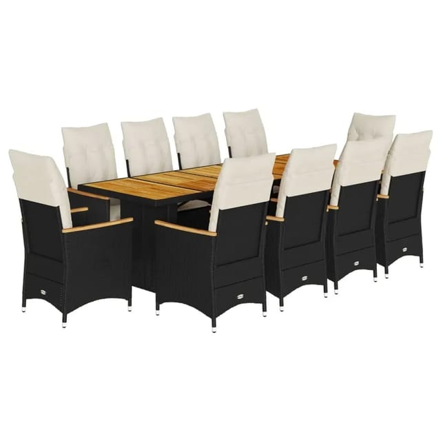 vidaXL 11-Tlg Garten-Bistro-Set mit Kissen Schwarz Poly Rattan 3277250
