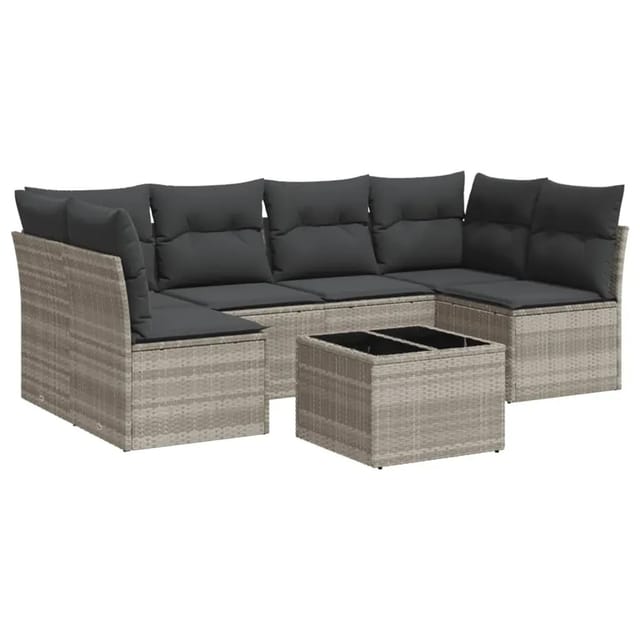 vidaXL 7-Tlg Garten-Sofagarnitur mit Kissen Hellgrau Poly Rattan 3249241