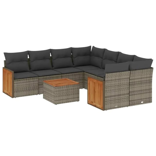 vidaXL 9-Tlg Garten-Sofagarnitur mit Kissen Grau Poly Rattan 3227509