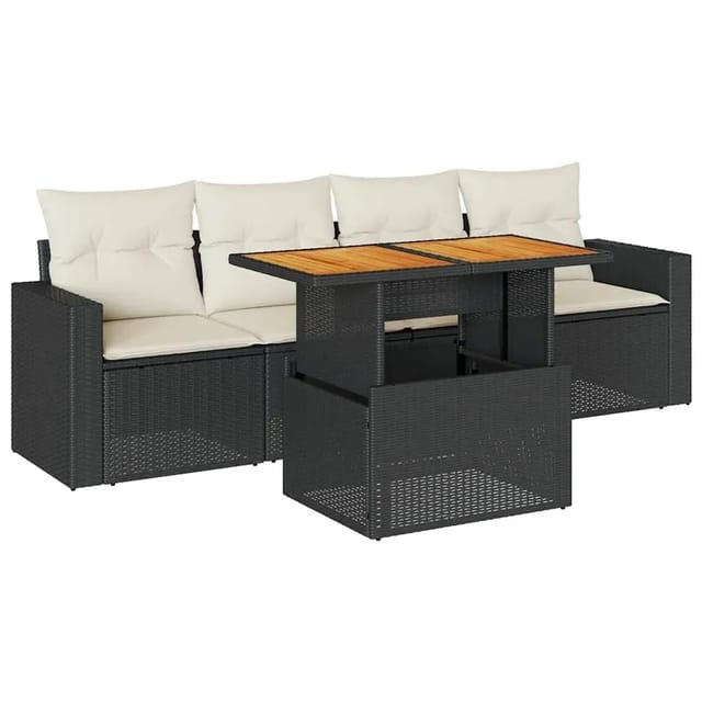 vidaXL 5-Tlg Garten-Sofagarnitur mit Kissen Schwarz Poly Rattan 3326982