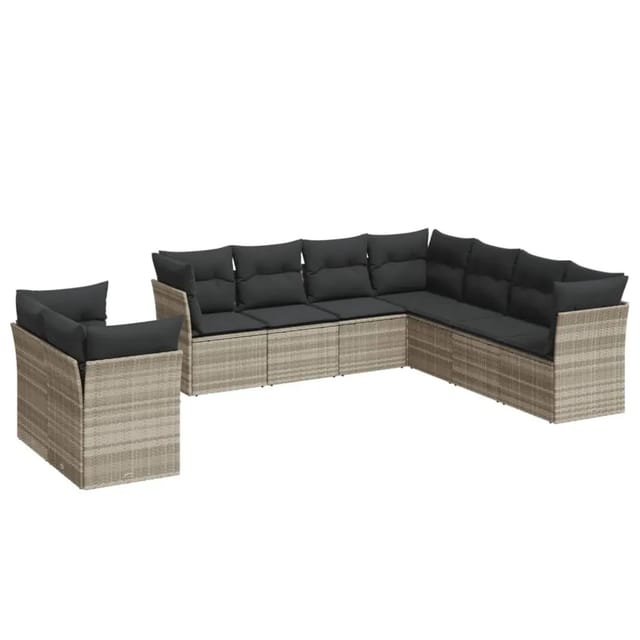 vidaXL 9-Tlg Garten-Sofagarnitur mit Kissen Hellgrau Poly Rattan 3249681