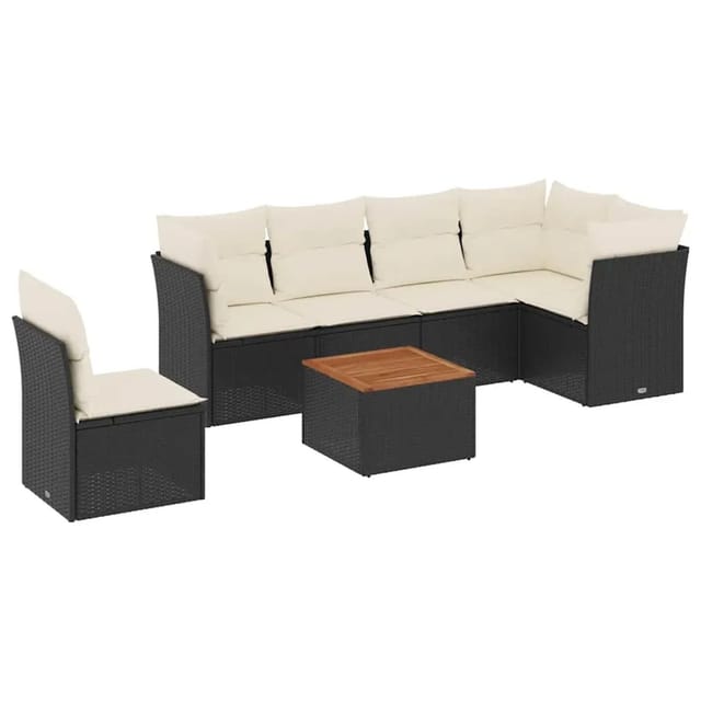 vidaXL 7-Tlg Garten-Sofagarnitur mit Kissen Schwarz Poly Rattan 3255993
