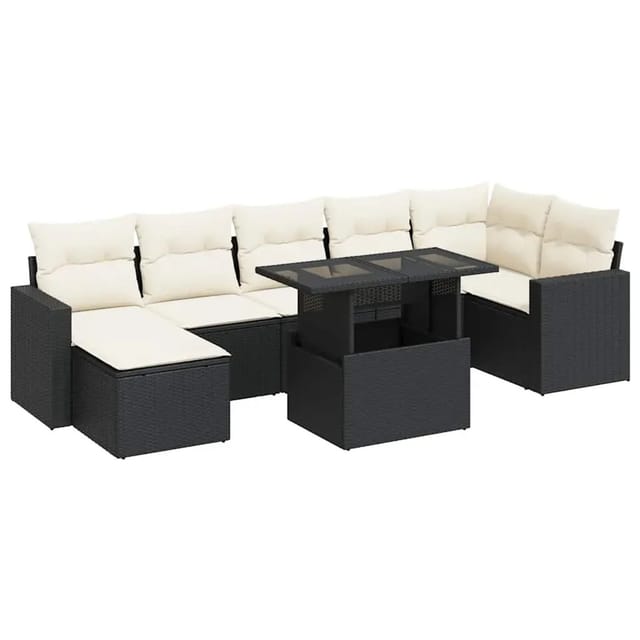 vidaXL 8-Tlg Garten-Sofagarnitur mit Kissen Schwarz Poly Rattan 3326357