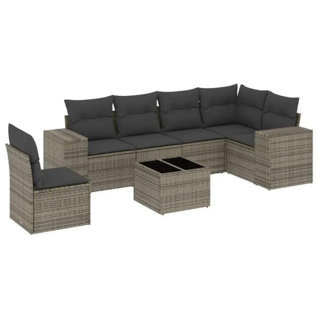 vidaXL 7-Tlg Garten-Sofagarnitur mit Kissen Grau Poly Rattan 3222639
