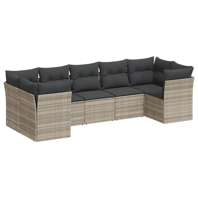 vidaXL 7-Tlg Garten-Sofagarnitur mit Kissen Hellgrau Poly Rattan 3218122