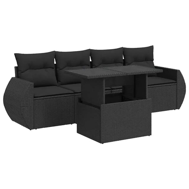 vidaXL 5-Tlg Garten-Sofagarnitur mit Kissen Schwarz Poly Rattan 3326556