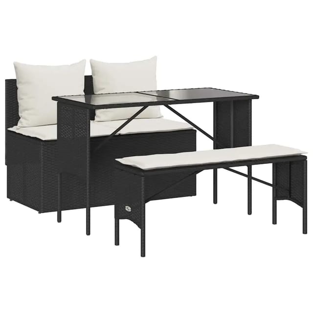 vidaXL 3-Tlg Garten-Essgruppe mit Kissen Schwarz Poly Rattan 4104181