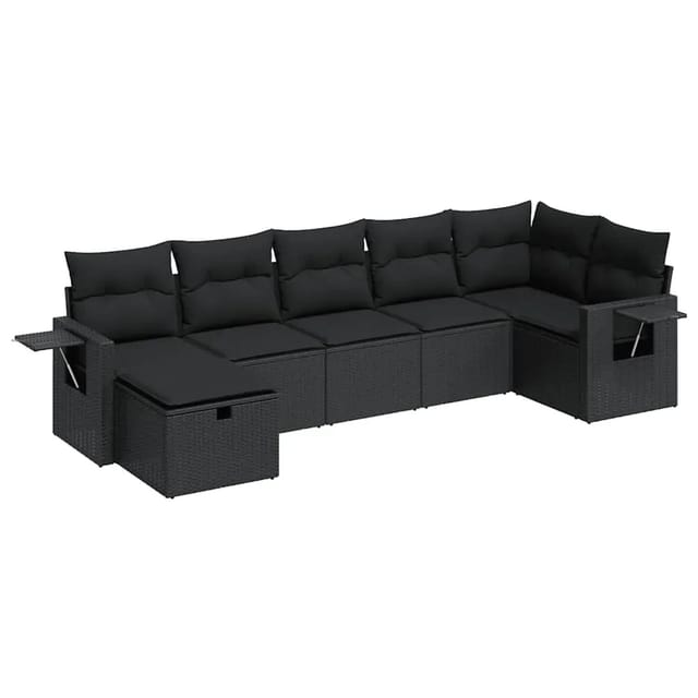 vidaXL 7-Tlg Garten-Sofagarnitur mit Kissen Schwarz Poly Rattan 3325501