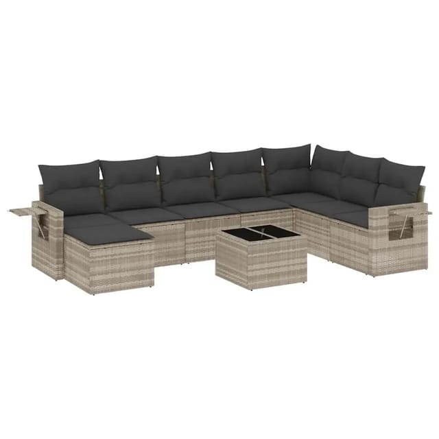vidaXL 9-Tlg Garten-Sofagarnitur mit Kissen Hellgrau Poly Rattan 3220571