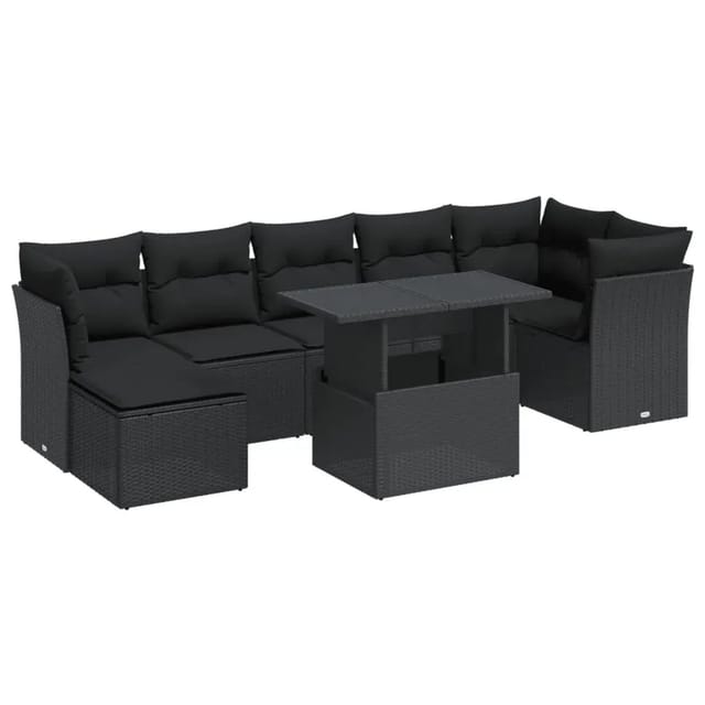 vidaXL 8-Tlg Garten-Sofagarnitur mit Kissen Schwarz Poly Rattan 3326196