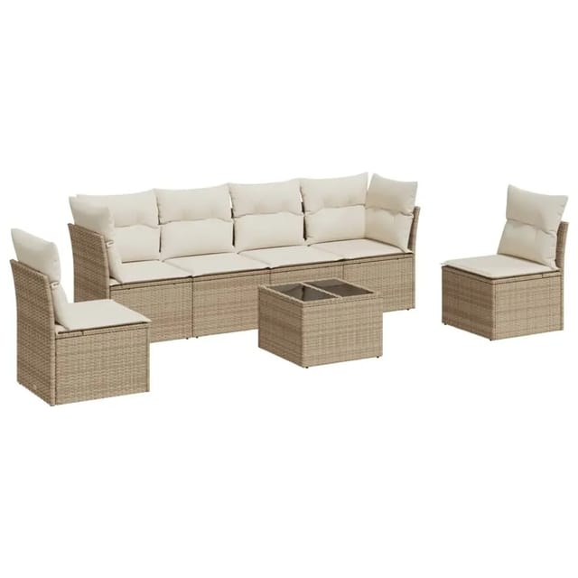 vidaXL 7-Tlg Garten-Sofagarnitur mit Kissen Beige Poly Rattan 3249217