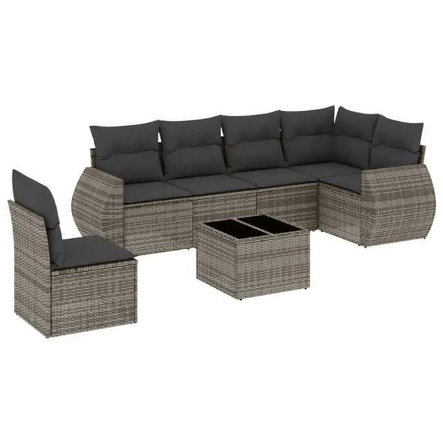 vidaXL 7-Tlg Garten-Sofagarnitur mit Kissen Grau Poly Rattan 3221439