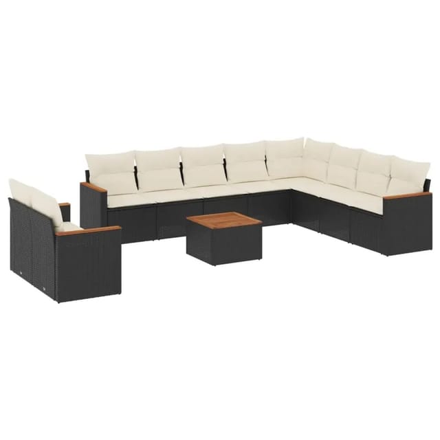 vidaXL 11-Tlg Garten-Sofagarnitur mit Kissen Schwarz Poly Rattan 3226119