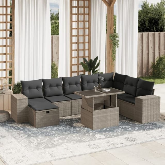 vidaXL 9-Tlg Garten-Sofagarnitur mit Kissen Hellgrau Poly Rattan 3275352