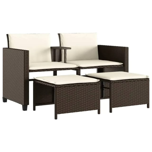 vidaXL Gartensofa 2-Sitzer mit Tisch und Hockern Braun Poly Rattan 368417