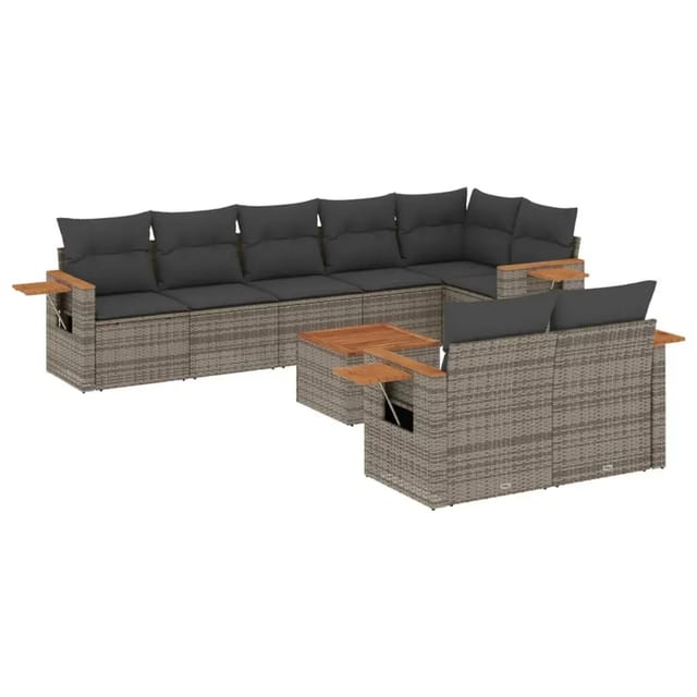 vidaXL 9-Tlg Garten-Sofagarnitur mit Kissen Grau Poly Rattan 3259400
