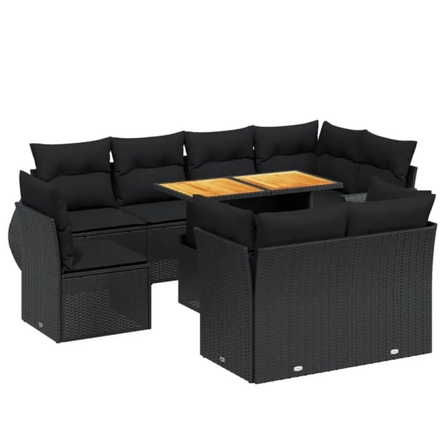 vidaXL 9-Tlg Garten-Sofagarnitur mit Kissen Schwarz Poly Rattan 3272287