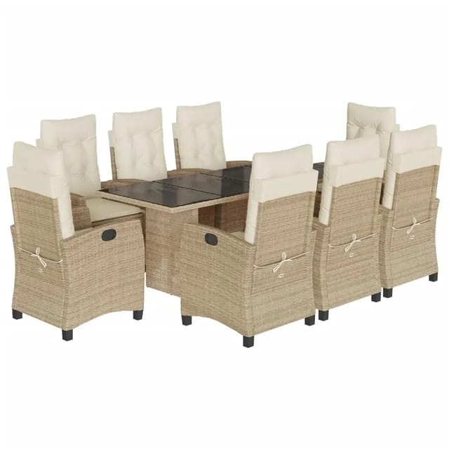 vidaXL 9-Tlg Garten-Essgruppe mit Kissen Beige Poly Rattan 3212693