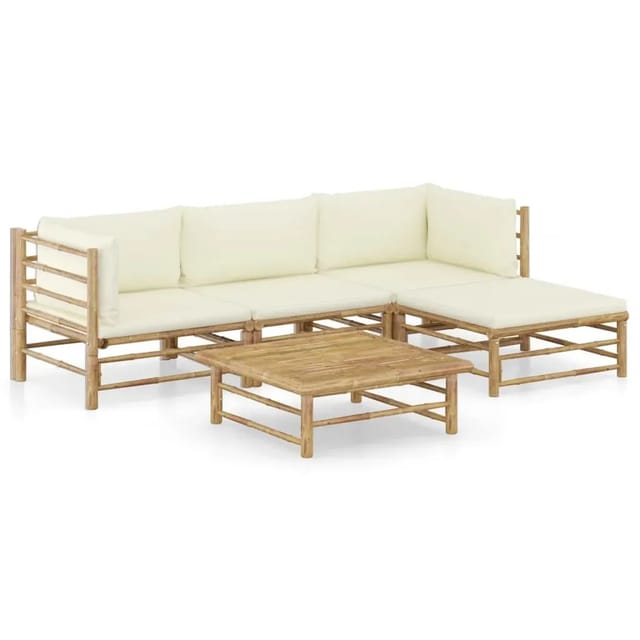 vidaXL 5-Tlg Garten-Lounge-Set mit Cremeweißen Kissen Bambus 3058193