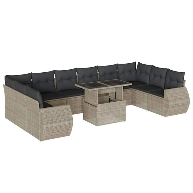 vidaXL 11-Tlg Garten-Sofagarnitur mit Kissen Hellgrau Poly Rattan 3268782