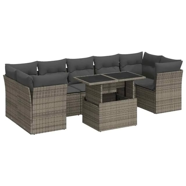 vidaXL 8-Tlg Garten-Sofagarnitur mit Kissen Grau Poly Rattan 3326121