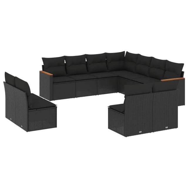 vidaXL 11-Tlg Garten-Sofagarnitur mit Kissen Schwarz Poly Rattan 3226083