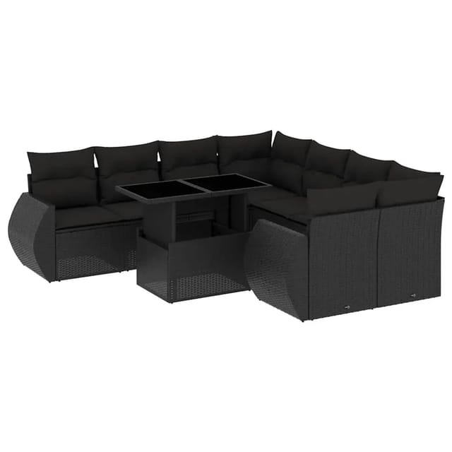 vidaXL 9-Tlg Garten-Sofagarnitur mit Kissen Schwarz Poly Rattan 3268425