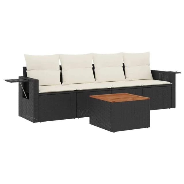 vidaXL 5-Tlg Garten-Sofagarnitur mit Kissen Schwarz Poly Rattan 3256770
