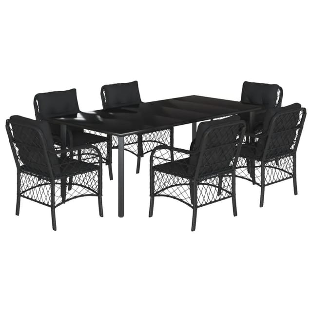 vidaXL 7-Tlg Garten-Essgruppe mit Kissen Schwarz Poly Rattan 3212108