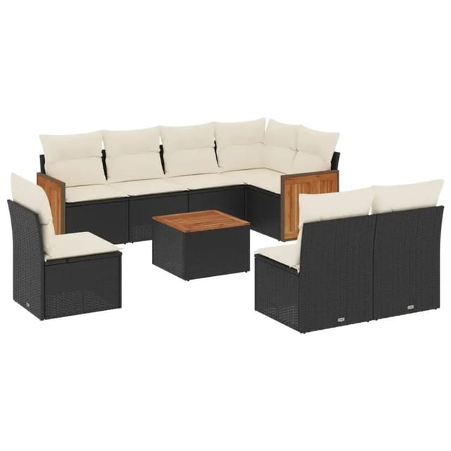 vidaXL 9-Tlg Garten-Sofagarnitur mit Kissen Schwarz Poly Rattan 3227729