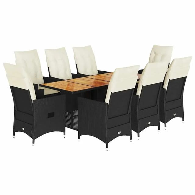 vidaXL 9-Tlg Garten-Essgruppe mit Kissen Schwarz Poly Rattan 3276689