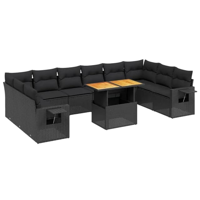 vidaXL 11-Tlg Garten-Sofagarnitur mit Kissen Schwarz Poly Rattan 3271923
