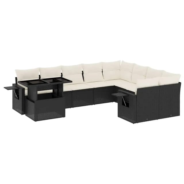 vidaXL 10-Tlg Garten-Sofagarnitur mit Kissen Schwarz Poly Rattan 3268136