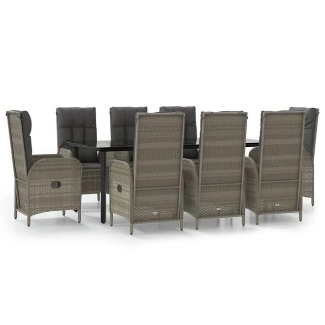 vidaXL 9-Tlg Garten-Essgruppe mit Kissen Schwarz und Grau Poly Rattan 3185204