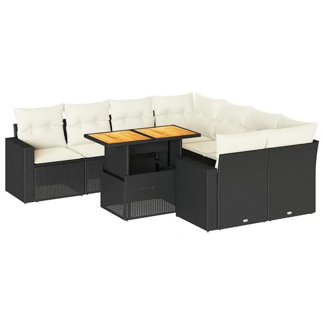vidaXL 9-Tlg Garten-Sofagarnitur mit Kissen Schwarz Poly Rattan 3327017
