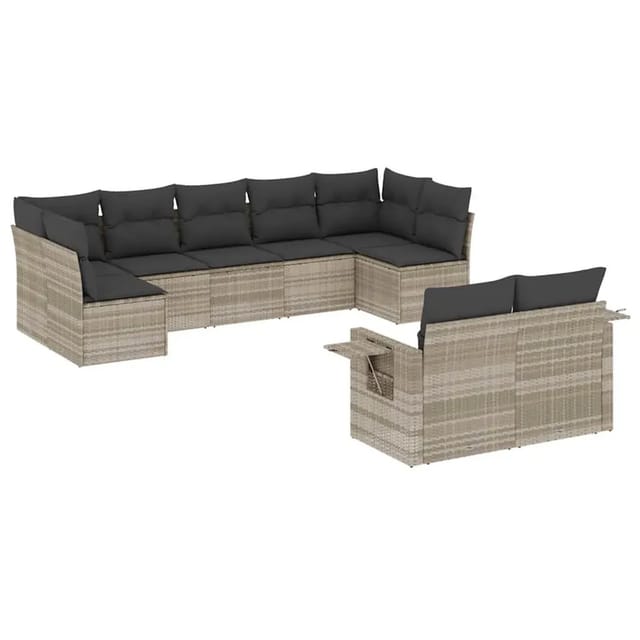 vidaXL 9-Tlg Garten-Sofagarnitur mit Kissen Hellgrau Poly Rattan 3220621