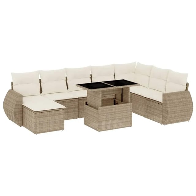 vidaXL 9-Tlg Garten-Sofagarnitur mit Kissen Beige Poly Rattan 3268728
