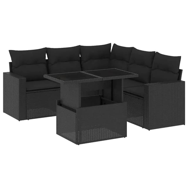 vidaXL 6-Tlg Garten-Sofagarnitur mit Kissen Schwarz Poly Rattan 3267265