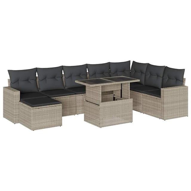 vidaXL 9-Tlg Garten-Sofagarnitur mit Kissen Hellgrau Poly Rattan 3267472