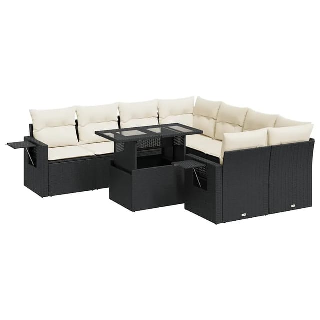 vidaXL 9-Tlg Garten-Sofagarnitur mit Kissen Schwarz Poly Rattan 3326447