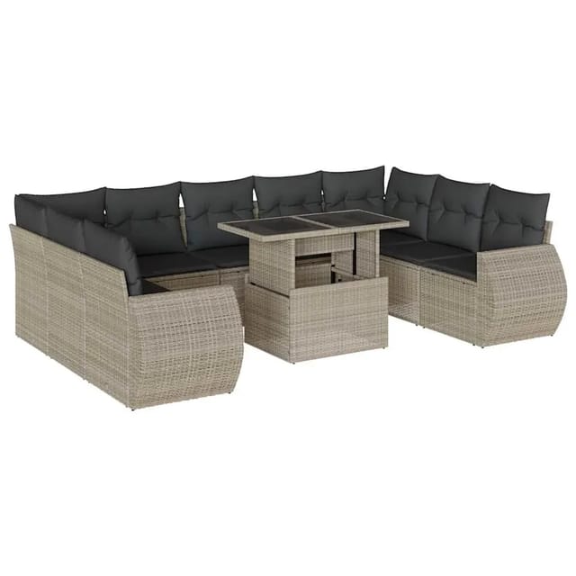 vidaXL 10-Tlg Garten-Sofagarnitur mit Kissen Hellgrau Poly Rattan 3268742
