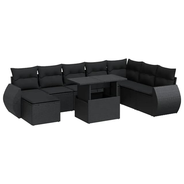 vidaXL 9-Tlg Garten-Sofagarnitur mit Kissen Schwarz Poly Rattan 3326686
