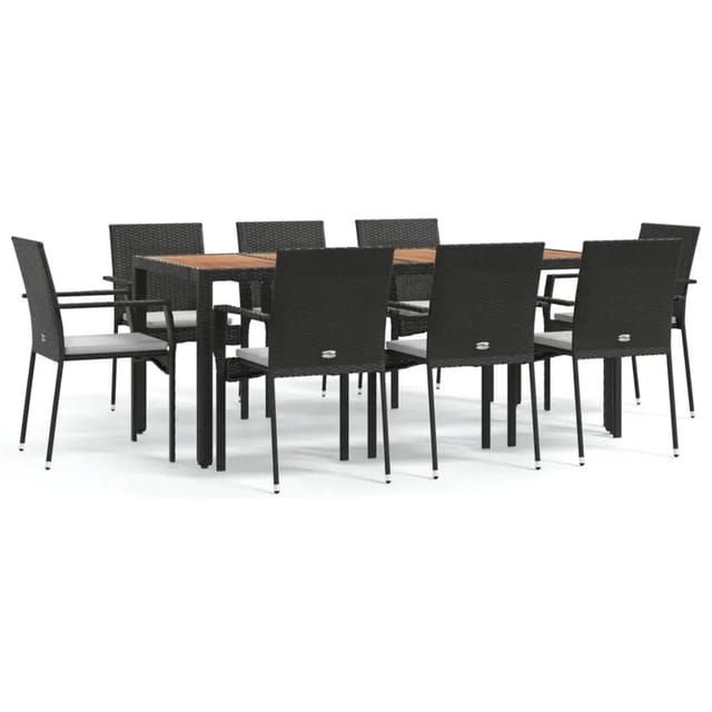vidaXL 9-Tlg Garten-Essgruppe mit Kissen Schwarz Poly Rattan 3184992