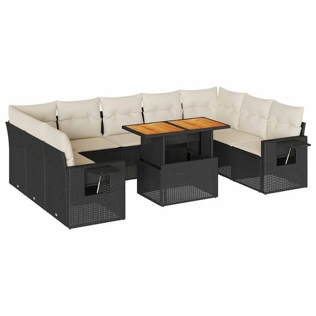 vidaXL 10-Tlg Garten-Sofagarnitur mit Kissen Schwarz Poly Rattan 3327192