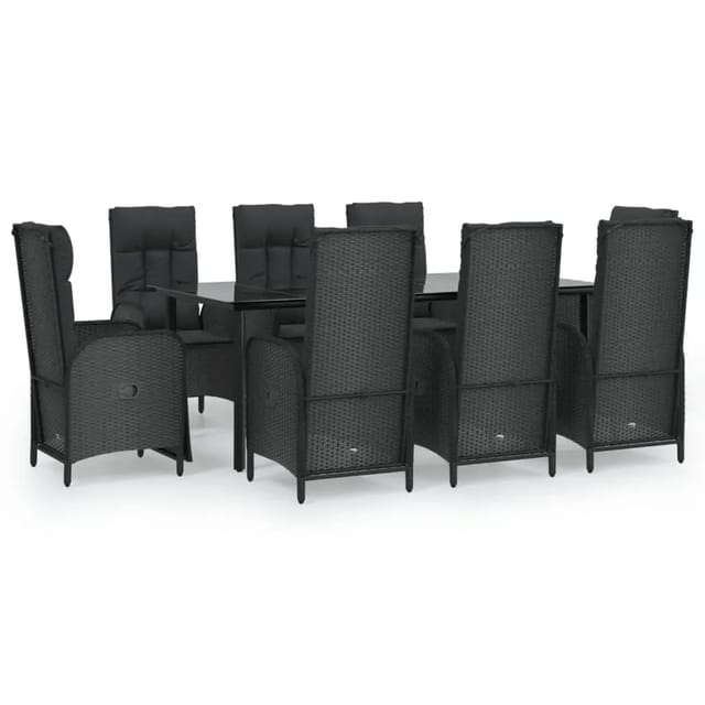 vidaXL 9-Tlg Garten-Essgruppe mit Kissen Schwarz Poly Rattan 3185196